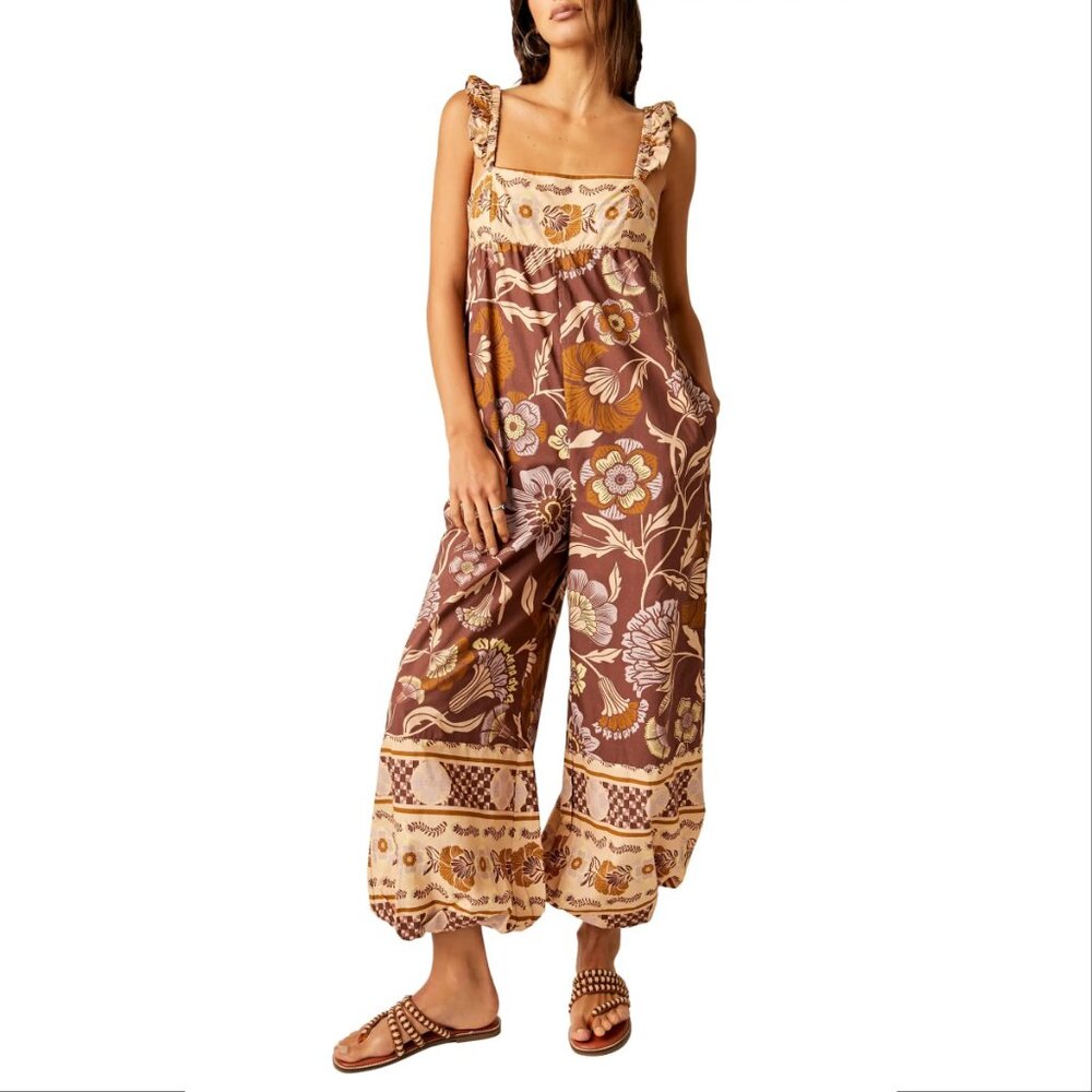 Free People Bali Albright Floral Cotton JUMPSUIT Size M Brown Coffee Combo NEW - Picture 4 of 13